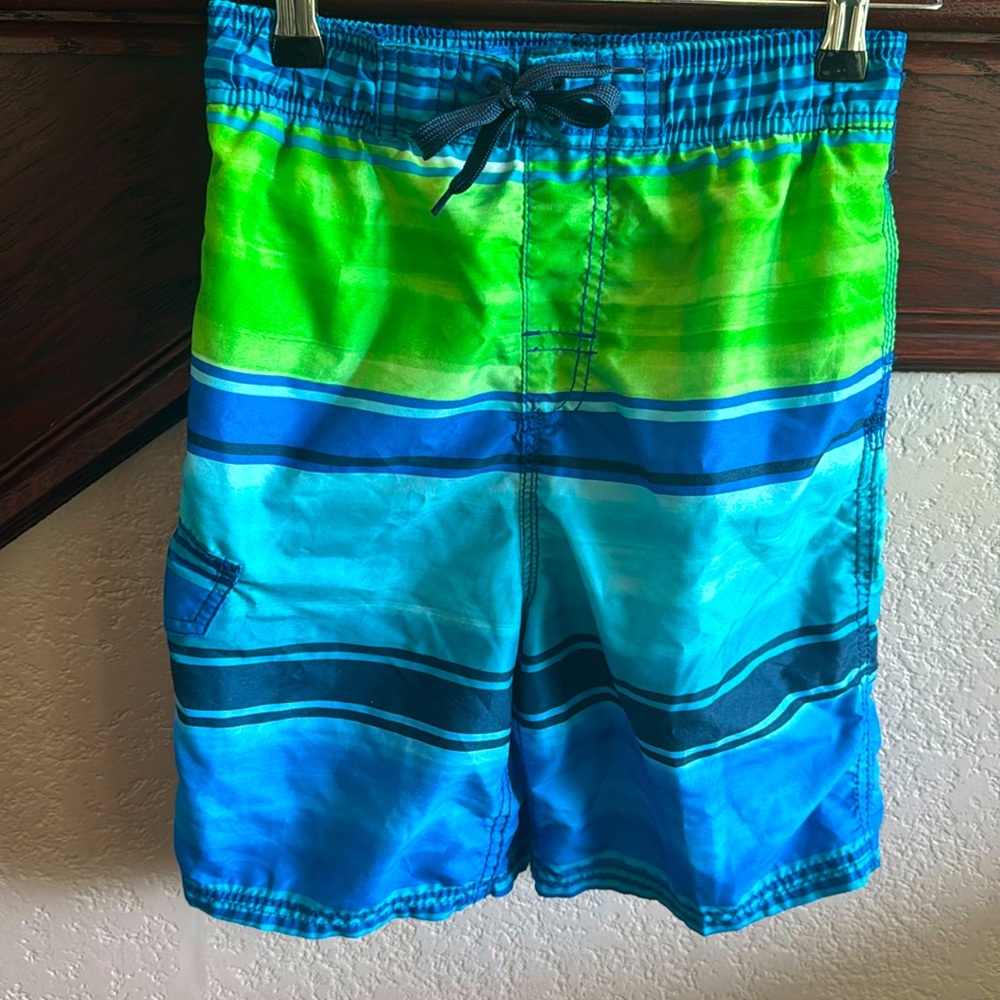 Kanu Surf Kids Swim Trunks - Green and Blue Stripes Boys Size Medium 10-12 Years